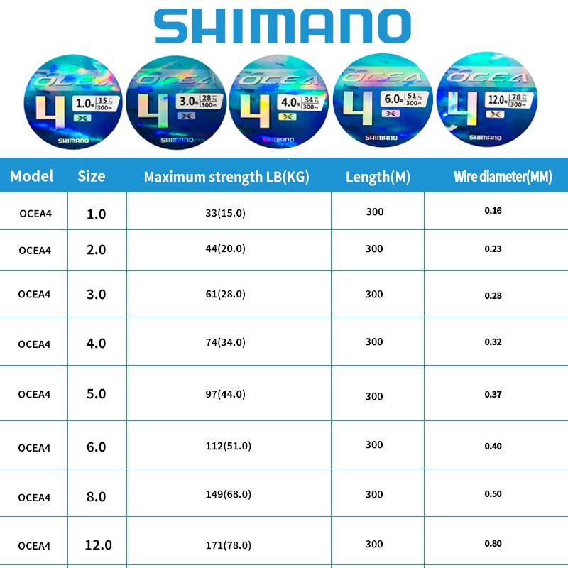 Shimano OCEA 4 Strands Braided Fishing Line Multifilament 300M Carp Fishing Japanese Braided Wire Fishing Accessories Pe Line